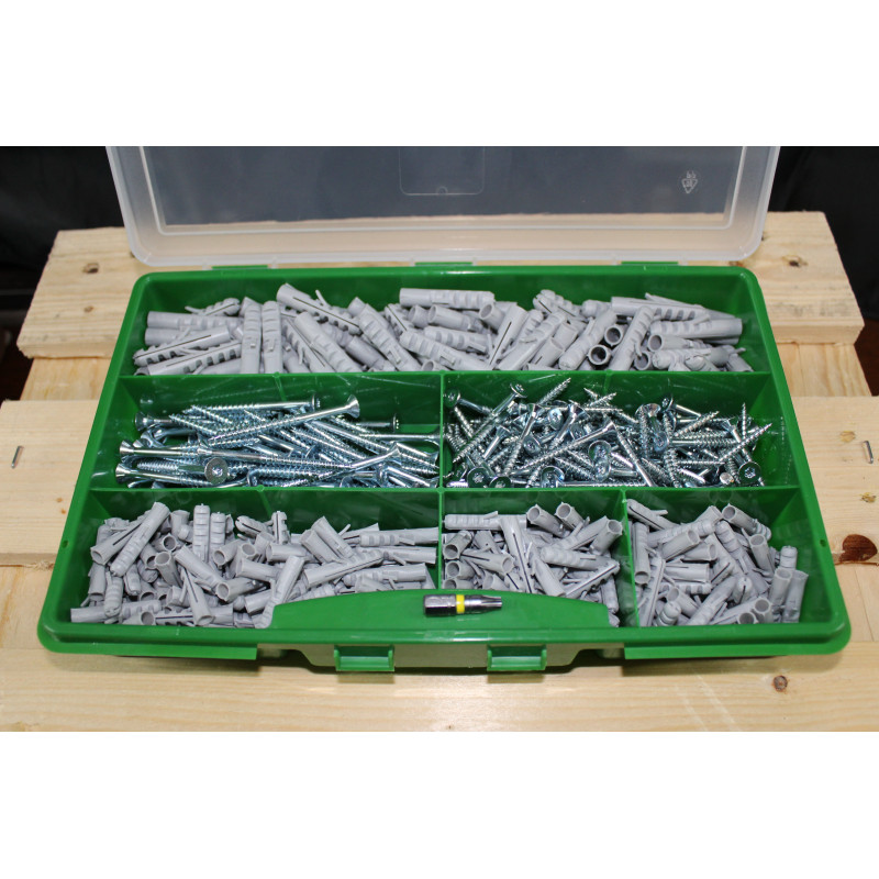 Sortimentskoffer Grün 400 tlg.Fischer Dübel:150x S6, 100x S8 - Schrauben:100x 4,5x40, 50x5x60 1 Bit TX20 25mm lang