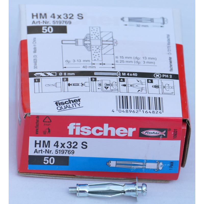 50 x fischer HM Hohlraumdübel 4x32S für Plattenbaustoffe 3 - 13 mm
