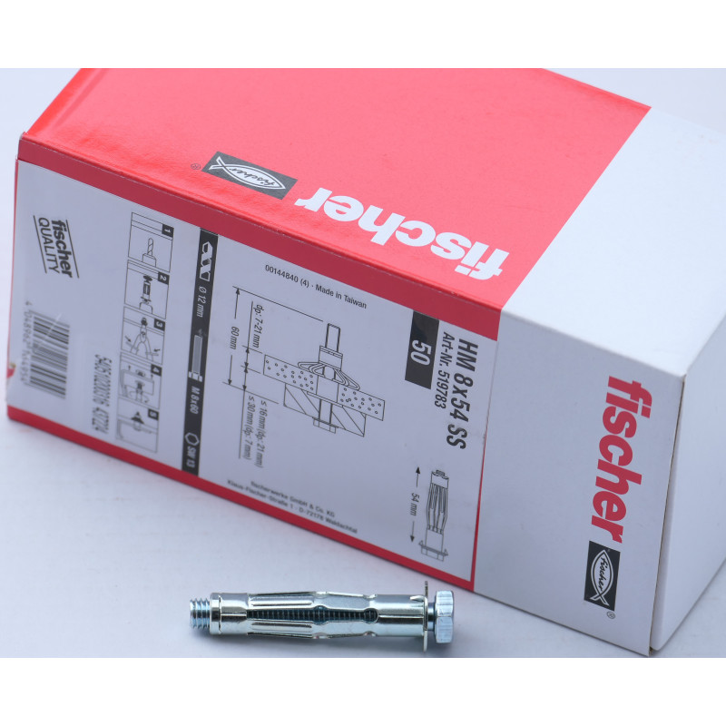 50 x fischer HM Hohlraumdübel mit Sechskantschraube 8x54SS für Plattenbaustoffe 7-21mm