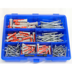 183-tlg Sortimentskasten blau mit Fischer DUOPOWER Dübel + Schrauben SK mit Torx Antrieb + 2 Industrie-Bits