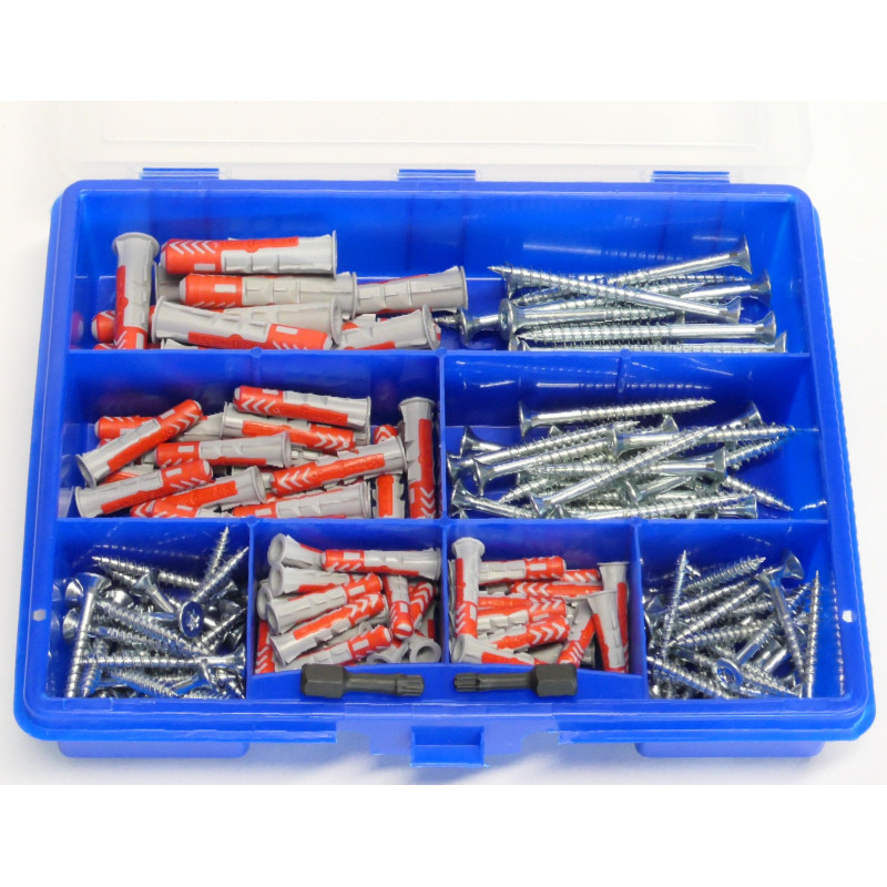 183-tlg Sortimentskasten blau mit Fischer DUOPOWER Dübel + Schrauben SK mit Torx Antrieb + 2 Industrie-Bits