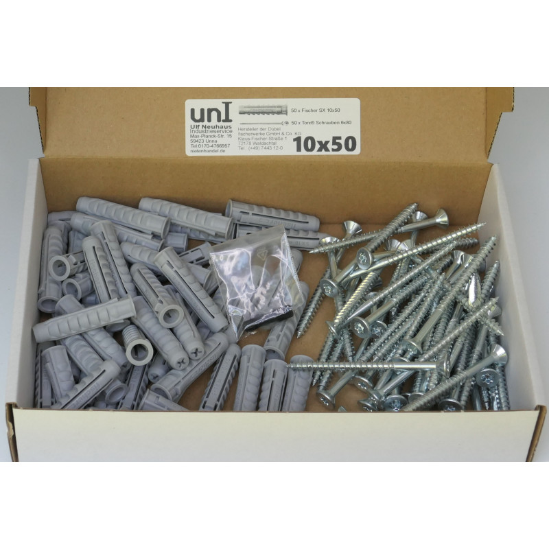 100 tlg 10x50 Fischer SX-Dübel / Schrauben /Bit Sortiment im Karton