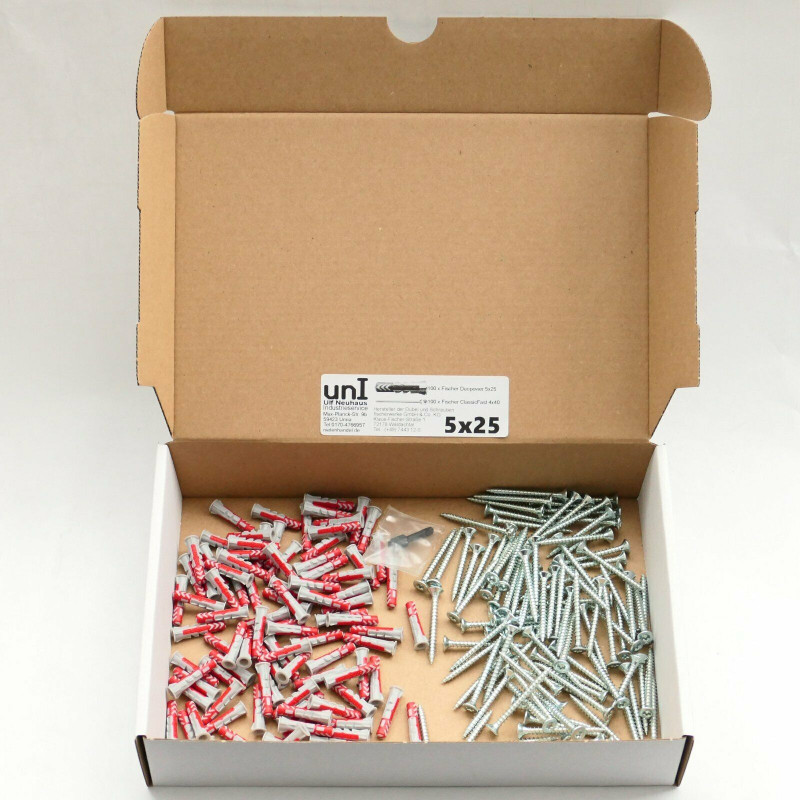 200 tlg 5x25 Fischer Duopower-Dübel / Schrauben /Bit Sortiment im Karton