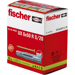 25 x fischer Universaldübel UX 6 x 50 R S/20 mit Rand und Schraube